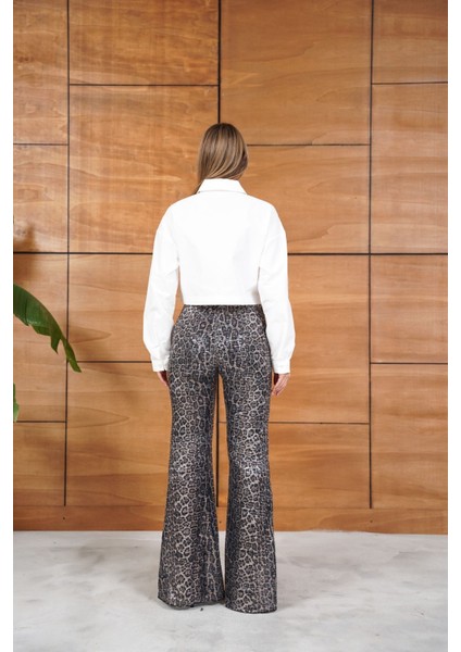 Leopar Pul Payetli Cep Detaylı Kısa Gömlek