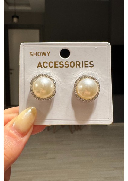 Kadın Gold Zirkon Taşlı Inci Küpe