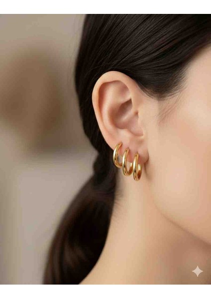 ​⭐️ 3'lü Gold Kalın Halka Küpe Seti - Kararmaz Çelik Basic Şıklık