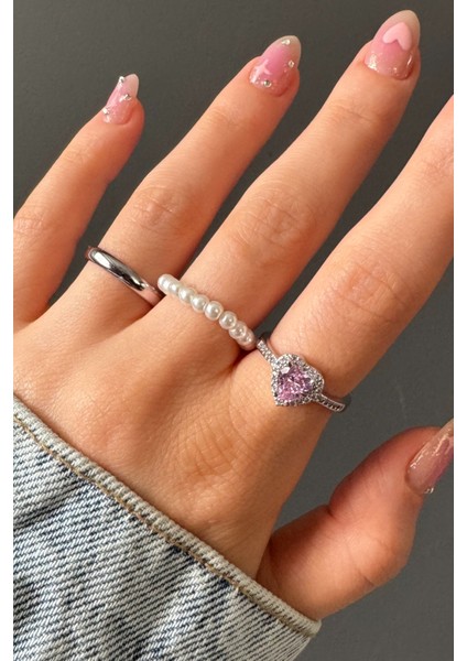 Kadın 3'lü Pembe Kalp Taşlı Ayarlanabilir Yüzük Seti