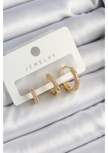 Bfs Pirinç Zirkon Taşlı Halka Model Gold Renk 3'lü Çift Kadın Küpe Set