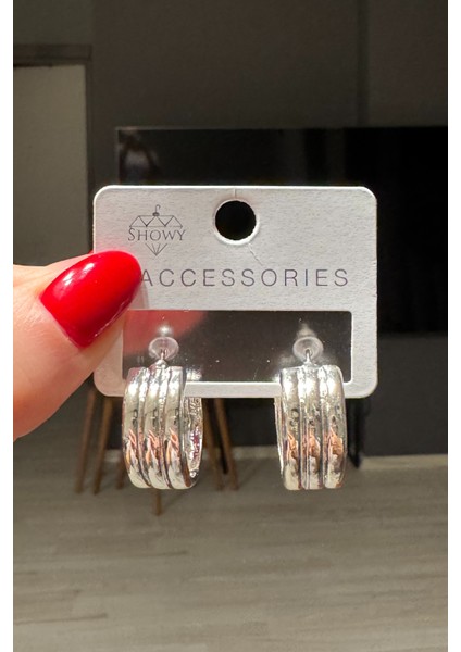 Kadın Gümüş Renk Sıra Halka Küpe