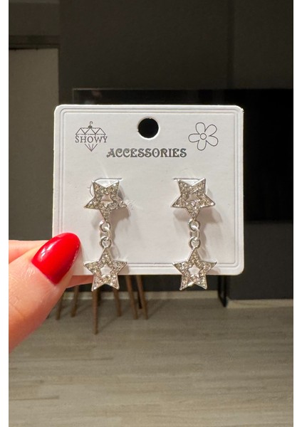 Kadın Gümüş Renk Yıldız Sallantı Küpe