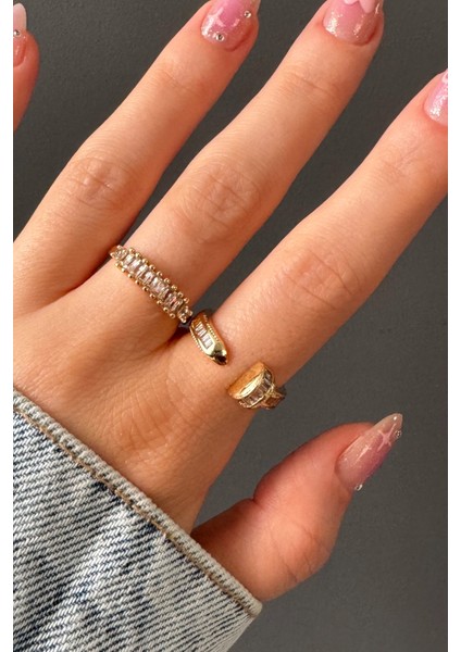 Kadın 2'li Gold Üstten Ayarlanalı Çivi Model Kararmaz Yüzük