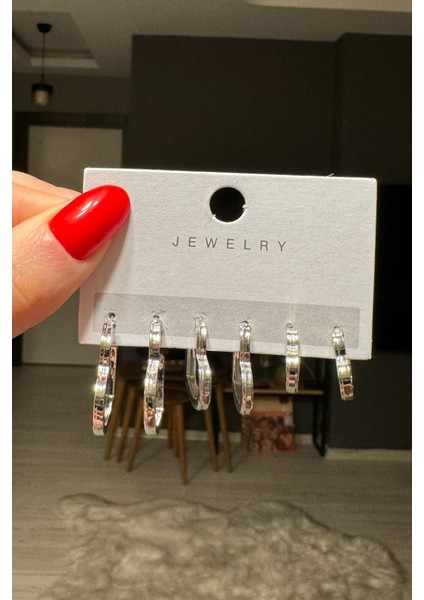 Kadın Gümüş Renk 6'lı Kalp Küpe Seti