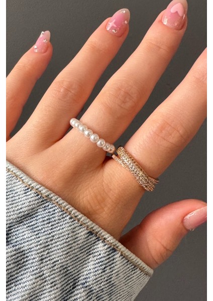 Kadın 2'li Çapraz Model Şık Inci Kombin Ayarlanabilir Yüzük Seti