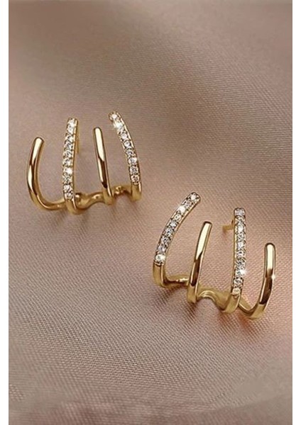 Kadın Gold Zirkon Taşlı Tasarım Küpe