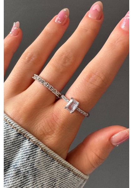 Kadın Gümüş Renk 2'li Baget Kesim Premium Ayarlanabilir Yüzük