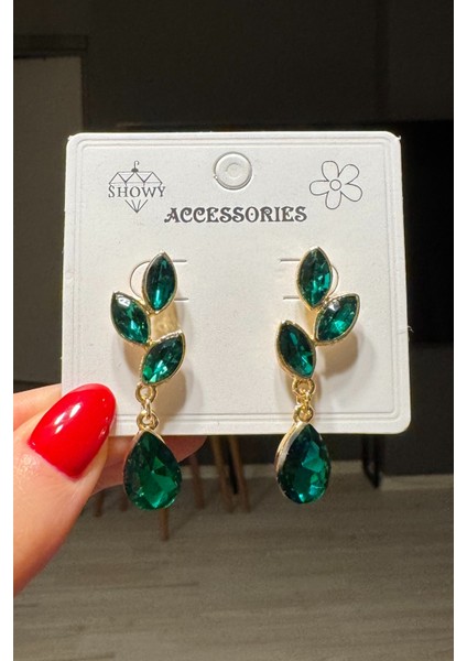 Kadın Zümrüt Yeşili Zirkon Taşlı Parlak Premium Küpe Seti