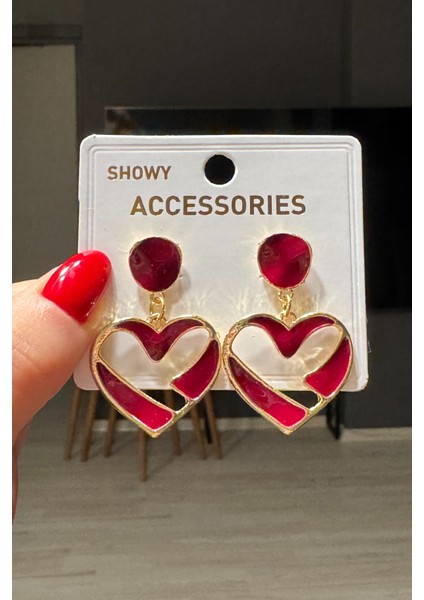 Kadın Siyah Sallantılı Mineli Premium Kalp Küpe