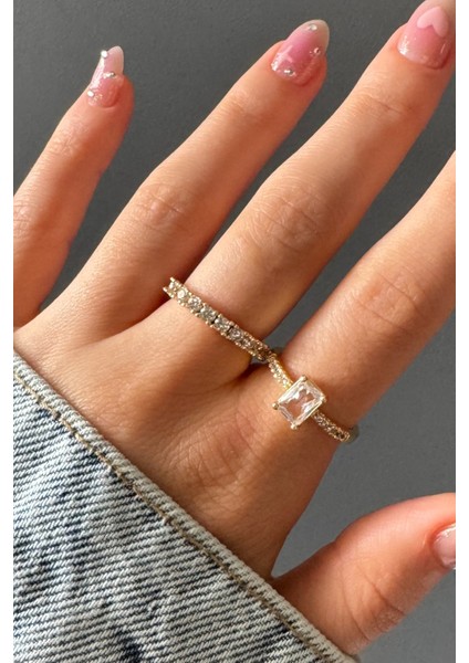 Kadın Gold 2'li Baget Kesim Premium Ayarlanabilir Yüzük