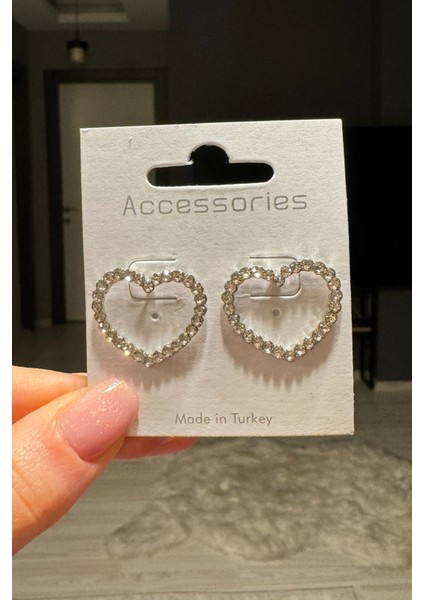 Kadın Gümüş Renk Taşlı Kalp Tarz Küpe