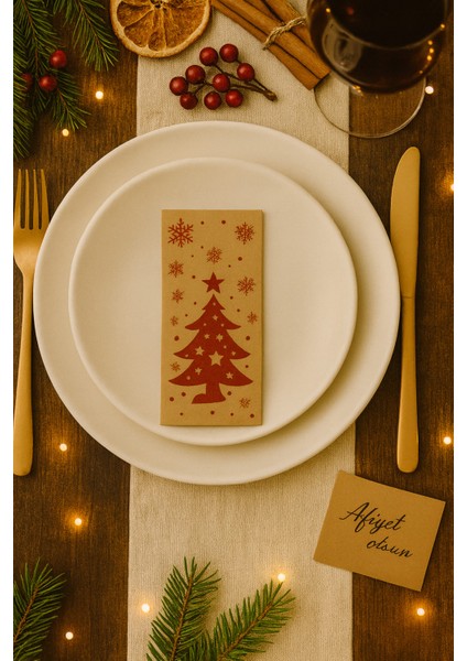 125 Adet Kraft Yılbaşı Desenli Kağıt Peçete Çam Desenli Doğal Peçete