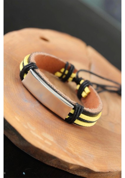 Bfs Metal Aksesuarlı Sarı Siyah Renk Deri Erkek Bileklik