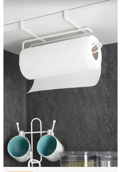 Beyaz Çok Amaçlı Dolap Kapağı ve Raf Altı Kağıt Havlu Askısı | Metal