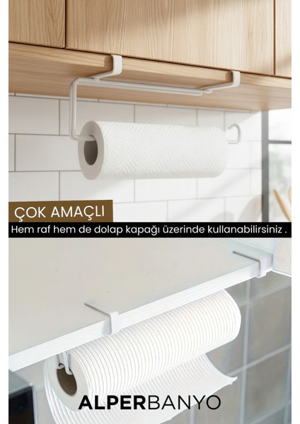 Beyaz Çok Amaçlı Dolap Kapağı ve Raf Altı Kağıt Havlu Askısı | Metal indirimleri