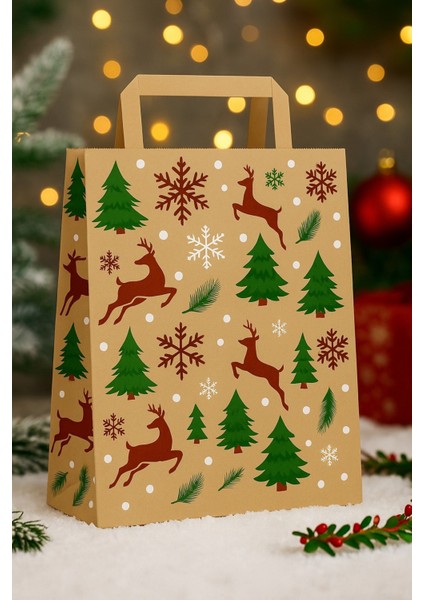 5 Adet 27X12X32 Hediye Kutusu Çantası Yılbaşı Temalı Flat Saplı Kraft Çanta