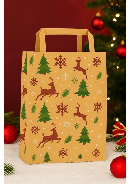 5 Adet 27X12X32 Hediye Kutusu Çantası Yılbaşı Temalı Flat Saplı Kraft Çanta fiyatları