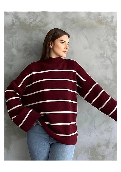 Çizgili Ispanyol Kol Triko Boğazlı Kazak Bordo Elf fiyatları