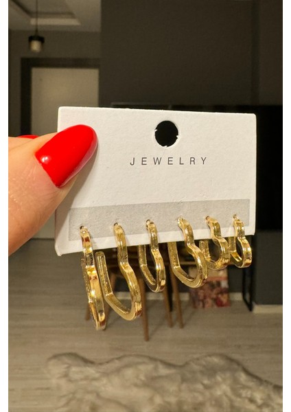 Kadın Gümüş Renk 6'lı Kalp Küpe Seti