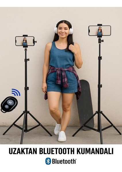 Bluetooth Kumandalı 210 cm Tripod Telefon Tutuculu Selfie Çubuğu Telefon, Kamera ve Lamba Tripodu