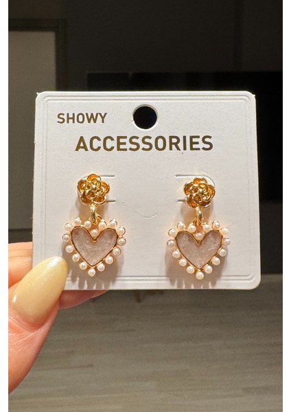 Kadın Sallantılı Incili Kalp Küpe