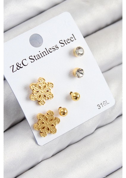 Bfs 316L Çelik Zirkon Taşlı Kar Tanesi Model Gold Renk Kadın Set Küpe