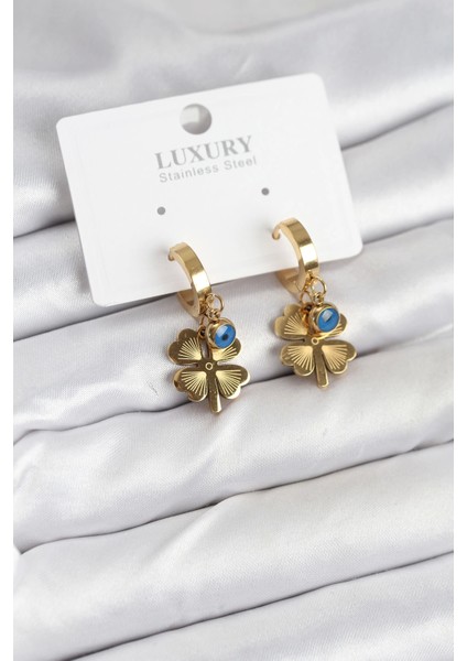 Bfs 316L Çelik Nazarlı Yonca Model Kadın Küpe