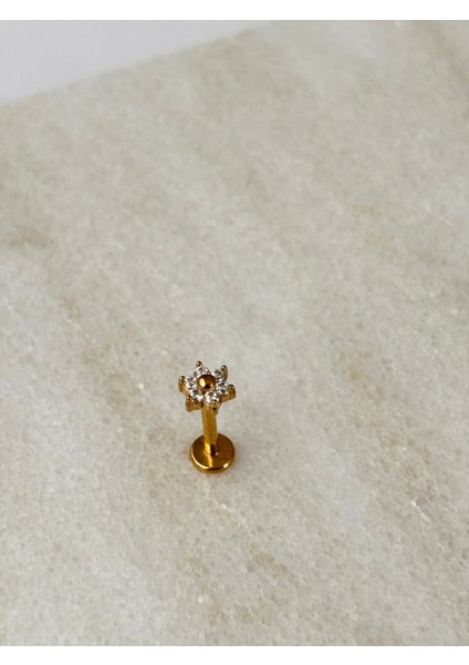 Minimal Güneş Şekilli ve Taşlı Gold Piercing