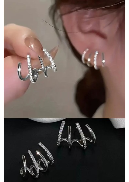 Kadın Gümüş Renk Zirkon Taşlı Tasarım Küpe