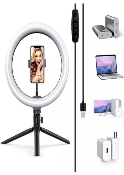 Masa Üstü 10 Inç LED Ring Light Tripodlu Telefon Tutucu 3 Işık Modu USB Bluetooth Kumanda