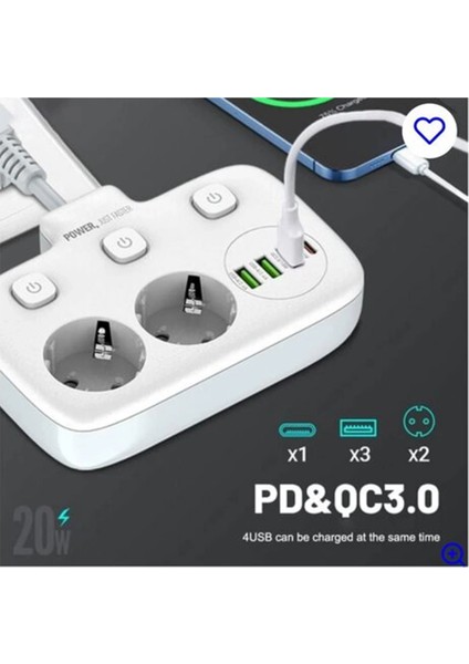 Akım Korumalı 2’li Ayrı Anahtarlı Priz, 2x Priz, 3x Usb, 1x Type-c, 2 Mt Kablo, Hızlı Şarj