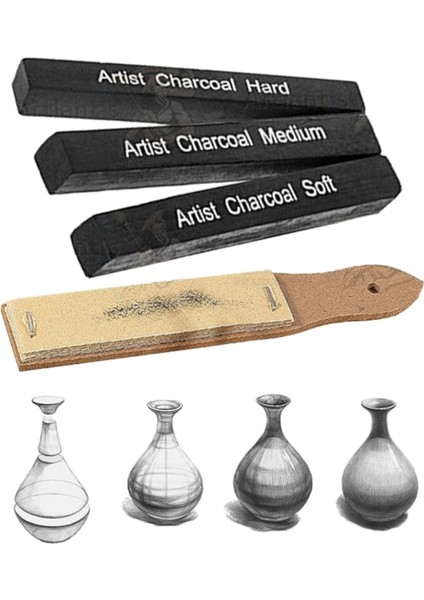 Sıkıştırılmış Kömür Füzen Seti 3 Lü ve Zımpara 1 Paket Siyah Kare Press Kömür Füzen Yassı Çizim Gölgelendirme Grafit