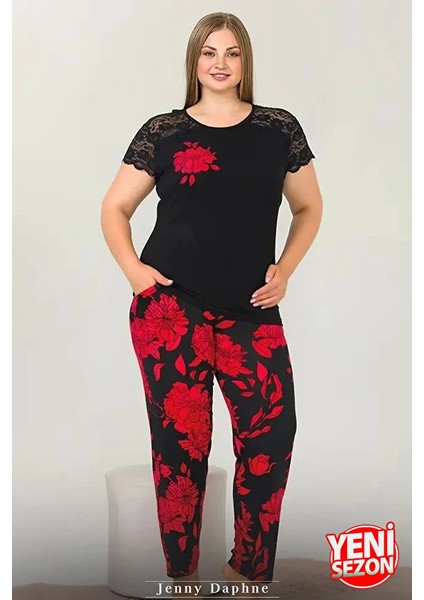 Lady Büyük Beden Kısa Kollu Bisiklet Yaka Kırmızı Gül Desenli Omuzlar Dantelli Uzun Pijama Takımı