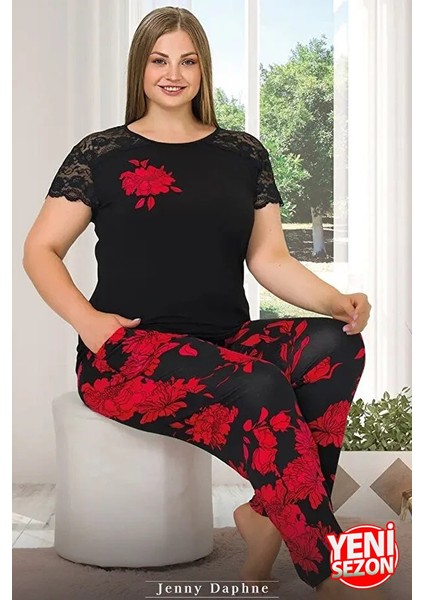 Lady Büyük Beden Kısa Kollu Bisiklet Yaka Kırmızı Gül Desenli Omuzlar Dantelli Uzun Pijama Takımı fiyatları