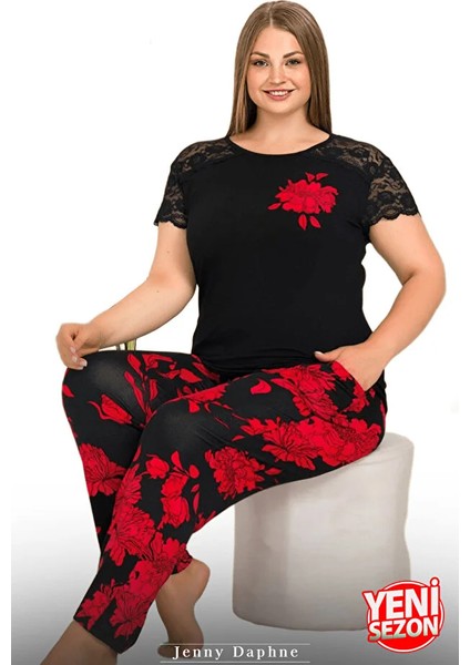 Lady Büyük Beden Kısa Kollu Bisiklet Yaka Kırmızı Gül Desenli Omuzlar Dantelli Uzun Pijama Takımı modelleri
