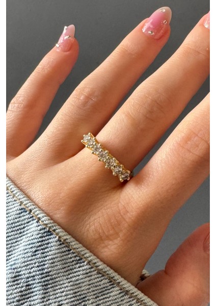 Kadın Gold Zirkon Taşlı Yedi Taş Premium Ayarlanabilir Yüzük