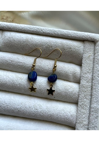 Lapis Lazuli Taşı Altın Kaplama Küpe El Yapımı Yıldız Charmı