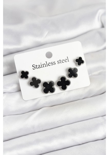 Bfs 316L Çelik Gümüş Siyah Renk 3 Boy Yonca Küpe Seti