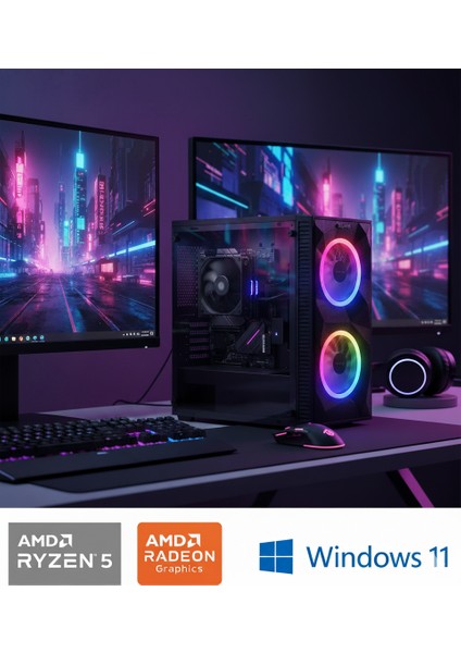 Ryzen 5 5600G 16GB 256GB SSD + 500GB HDD Wifi +Klavye Mouse + Kulaklık Radeon Grafik Apu Oyuncu Bilgisayarı
