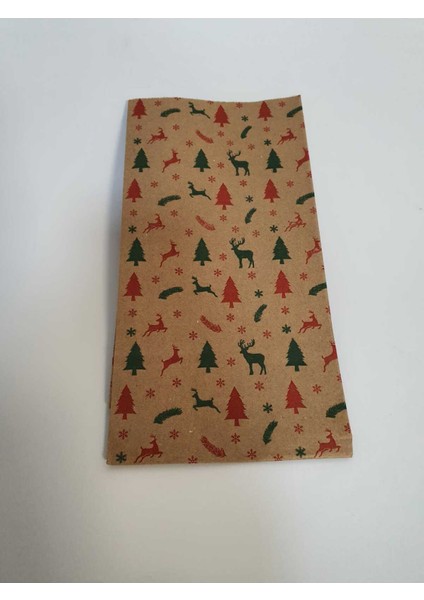 20 Adet Kraft Geyik Çam Kar Desenli Dik Duran Hediye Paketi Ambalaj Kağıdı 13X24