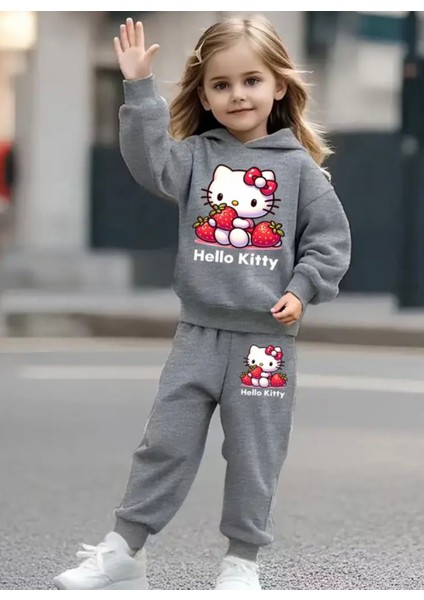 Punıx Kıds Özel Seri Kapüşonlu Hello Kıtty'nin Çilekleri Baskılı %100 Pamuk Kışlık Kız Çocuk Eşofman Takımı