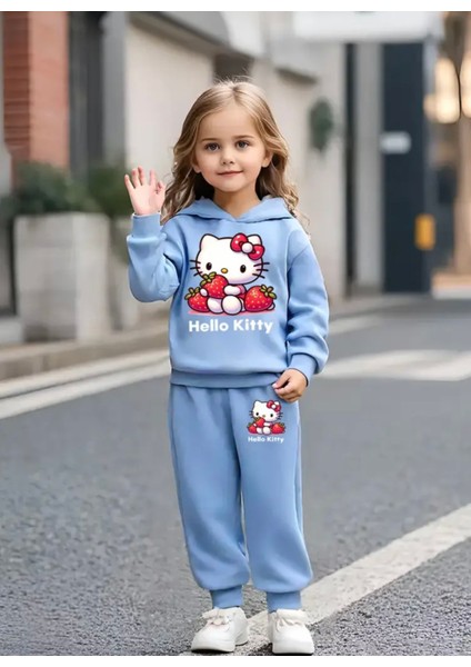 Punıx Kıds Özel Seri Kapüşonlu Hello Kıtty'nin Çilekleri Baskılı %100 Pamuk Kışlık Kız Çocuk Eşofman Takımı