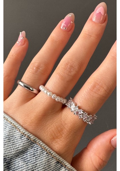 Kadın Gümüş Renk Zerafet Üçlüsü Ayarlanabilir Yüzük Seti