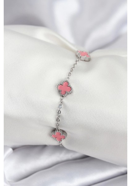 Bfs 316L Çelik Gümüş Renk Pembe Baby Boy Yonca Kadın Bileklik