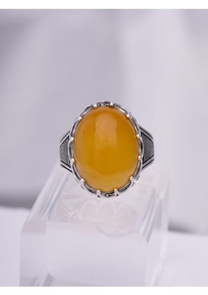Bal Rengi Akik Taşlı 925 Ayar Gümüş Erkek Yüzük – Sıra Dışı ve Gösterişli Tasarım
