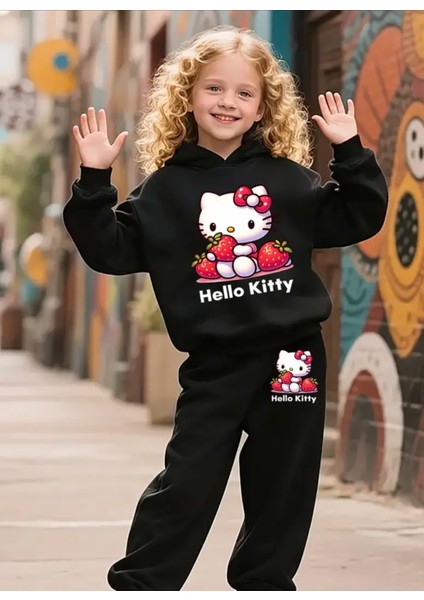 Punıx Kıds Özel Seri Kapüşonlu Hello Kıtty'nin Çilekleri Baskılı %100 Pamuk Kışlık Kız Çocuk Eşofman Takımı