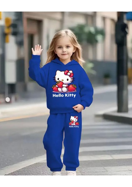 Punıx Kıds Özel Seri Kapüşonlu Hello Kıtty'nin Çilekleri Baskılı %100 Pamuk Kışlık Kız Çocuk Eşofman Takımı