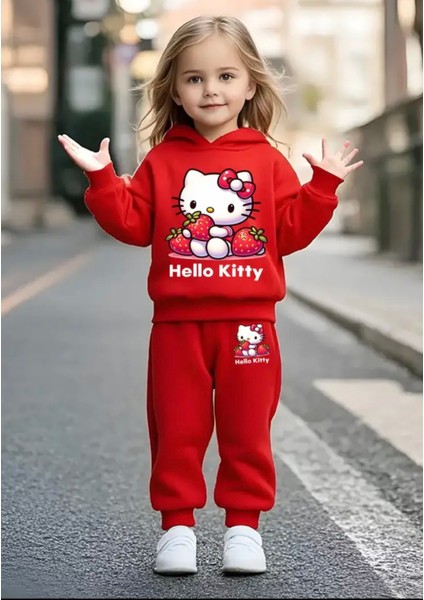 Punıx Kıds Özel Seri Kapüşonlu Hello Kıtty'nin Çilekleri Baskılı %100 Pamuk Kışlık Kız Çocuk Eşofman Takımı