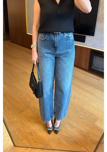 Yüksek Bel Kemer Detay Palazzo Jean- Mavi